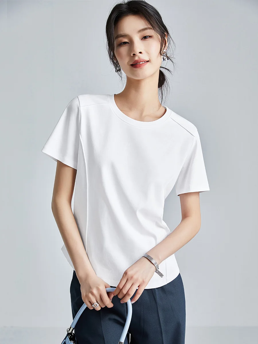 Liquid Ammonia Mercerized Cotton White Short-sleeved T-shirt Women's Cool Round Neck Stretch Large Size Bottoming Shirt Tops