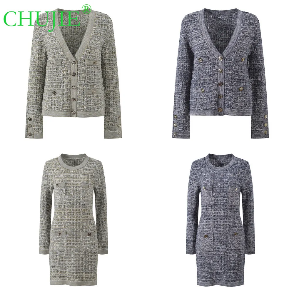 

CHUJIE 2025 Осень Зима Новый французский стиль с четырьмя карманами в клетку Стильный универсальный вязаный кардиган с v-образным вырезом Пальто + комплект платья