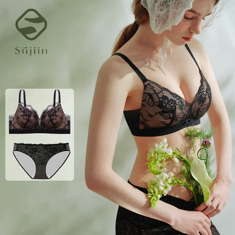 SUJIIN Sexy Lace Lingerie Set Women Wireless Small Chest Bra and Panty Sets for Woman Push Up Plunge Floral Bras MX310+N206