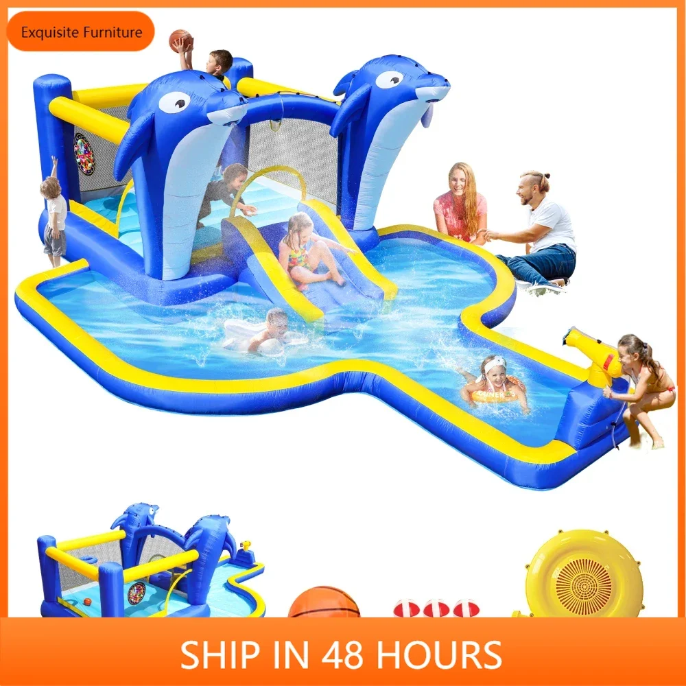 

6 in1 Inflatable slide water park trampoline bouncing house outdoor garden with Dolphin sprinkler & Target games & Water gun