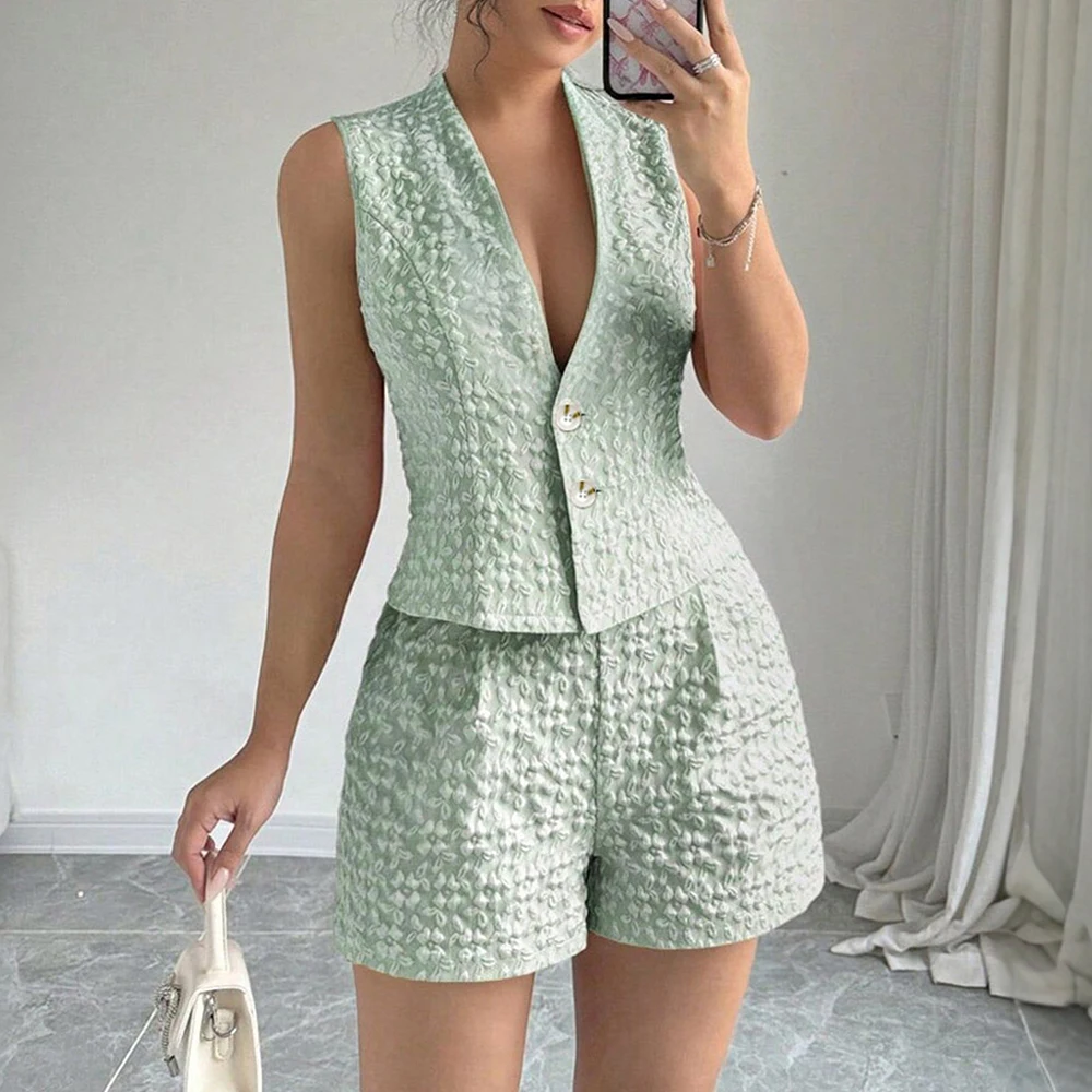 

Mia Muse Women's Sets Summer Comfortable Korean 2025 Plain Jacquard V-Neck Sleeveless Top And Chic Shorts Casual Sets