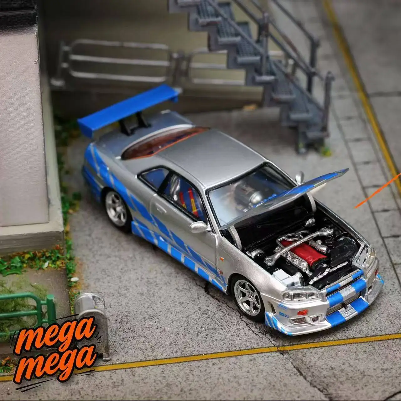 メガメガ-1-64-スケール、大人向け、スカイラインgtr-r34-ダイキャストモデルカー