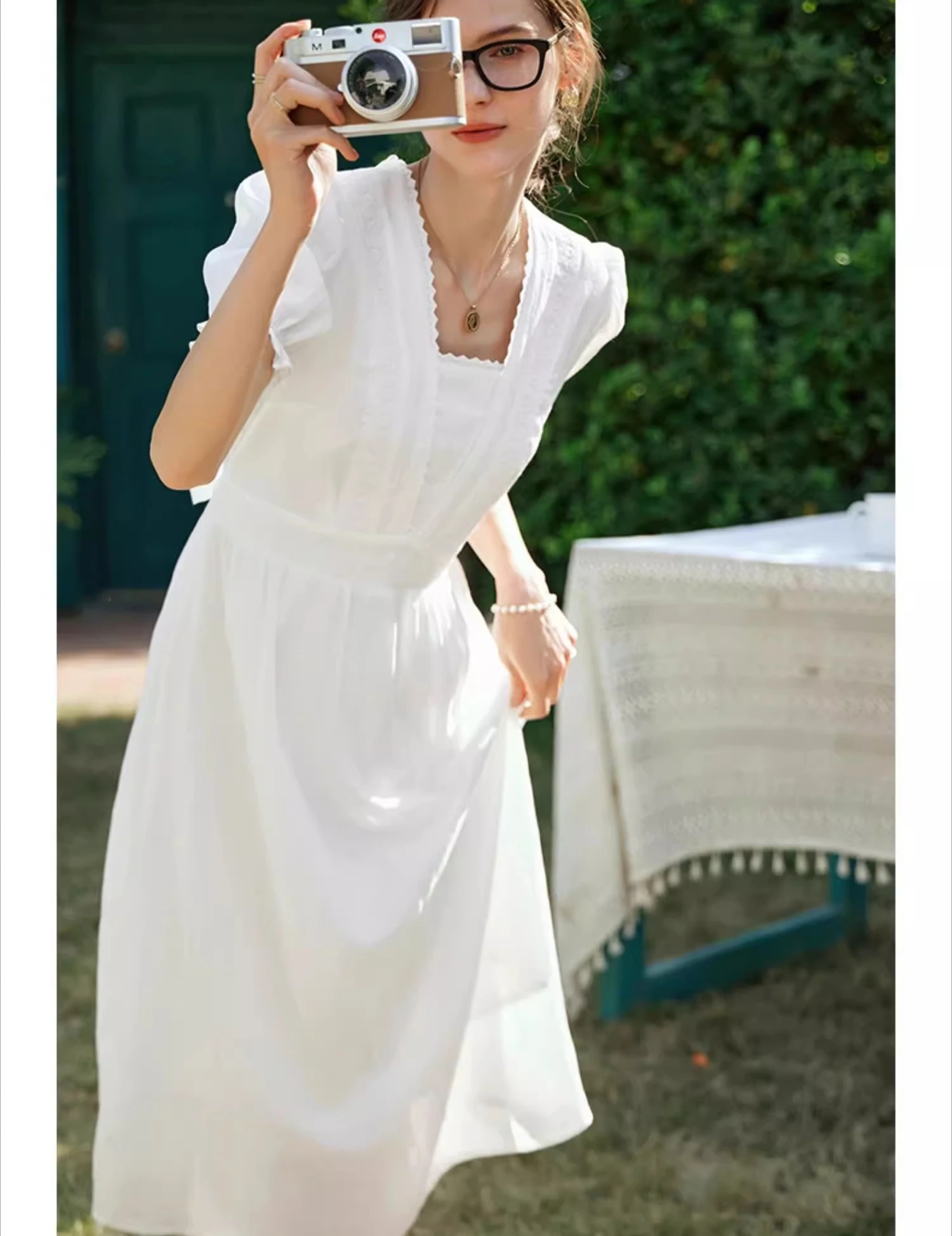 

OLrain Summer Elegant White Dresses Woman 2025 Fairycore Fashion Lace V-neck Short Sleeve Long Dress Women Clothing O24XL80639