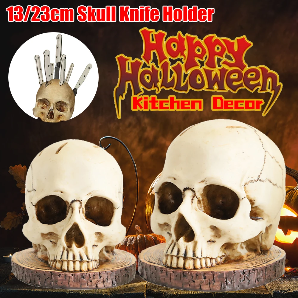 

Halloween Horror Skull Storage Knife Rack Resin Decoration Skull Fruit Knife Rack Counter For Home Kitchen Scary Party Decor