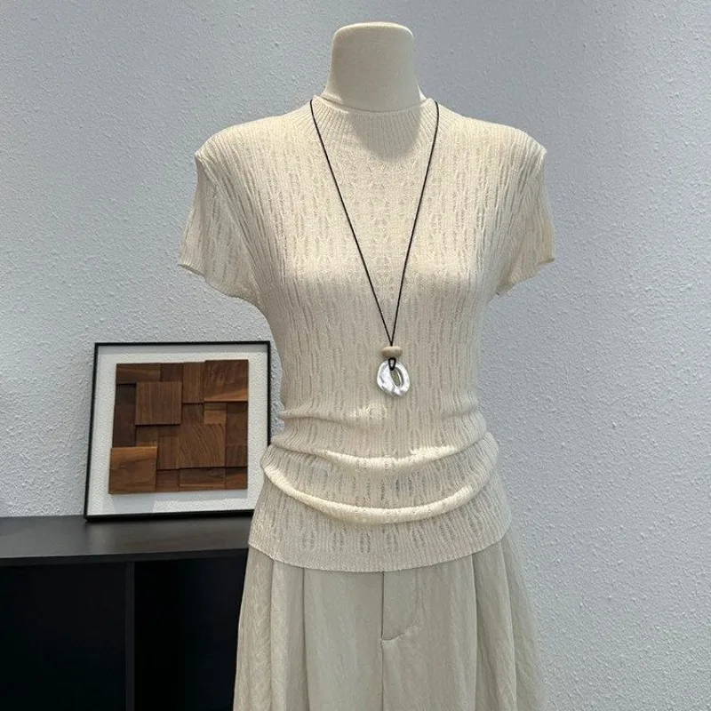 Knit T Shirt For Women Spring Summer Hollow Out Slim Fit Ropa De Mujer Half High Collar Korean Fashion Versatile Short Tees