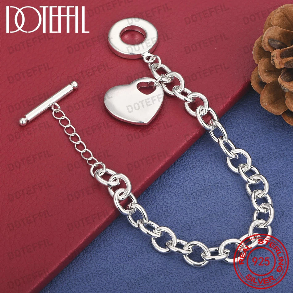 

925 Sterling Silver 8 Inch Beautiful Heart Bracelet Women Fashion Wedding Party Gifts Accessories