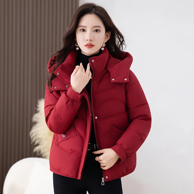 

Women's down Cotton Jaet Thiened ort Loose Korean Sle Winter Coat Detachable Cap Faionable Casual Long Sve Zipper