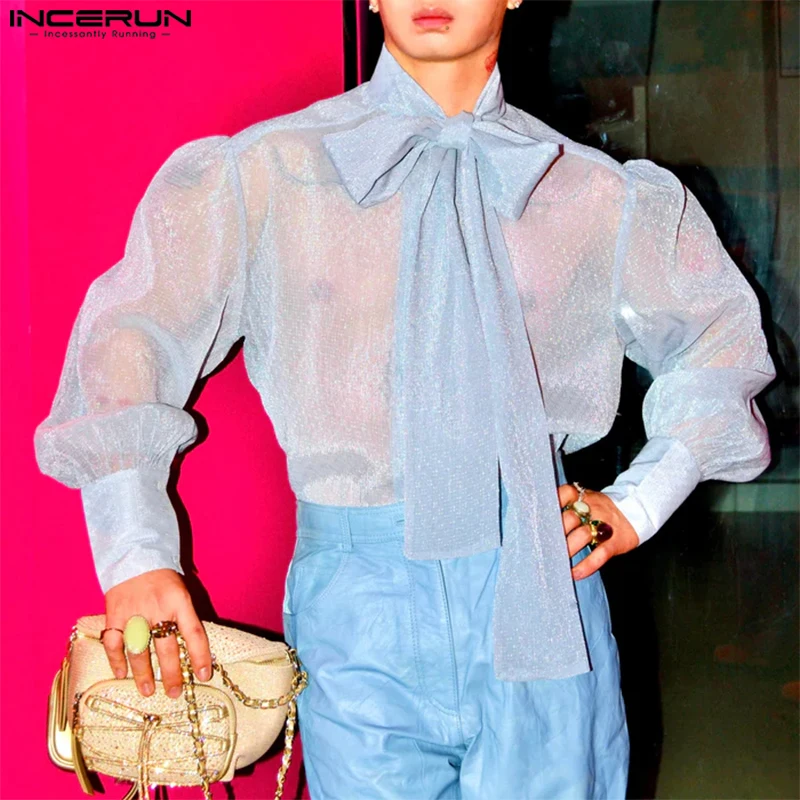 INCERUN Men Flash Design Loose Shirts 2024 Casual Long Sleeve See Through Blouses Lapel Collar Fashion Streamers Belt Blouses