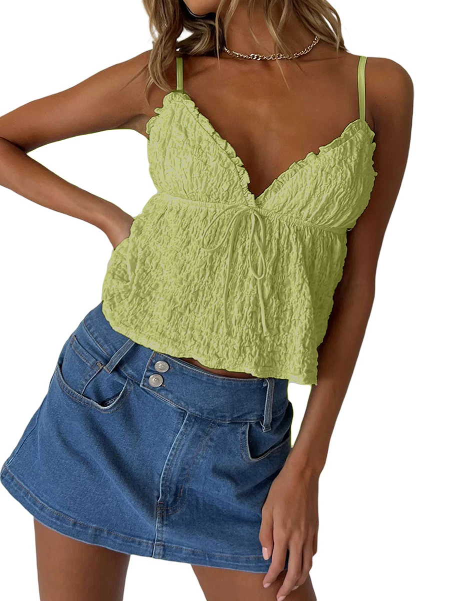 女性の基本的なシャーリングキャミソール無地フリル V ネックノースリーブクロップトップスストリートクラブウェア夏シャツ SML