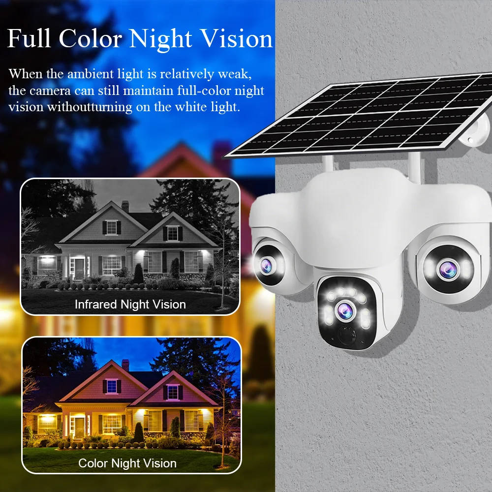 Triple Lens Solar Camera WiFi Outdoor RIP Motion Sensor Waterproof Night Vision Motion Tracking For Home Security Camera
