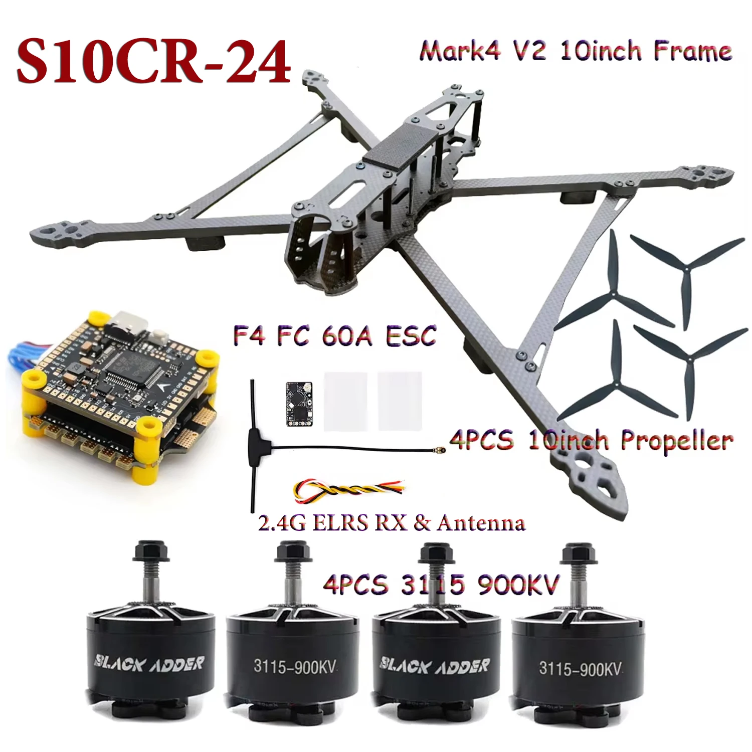 Mark4 V2 10 inch FPV Frame Combo Set F405 V3S FC 60A 4-in-1 ESC 3115 900KV Motor Propeller ELRS voor RC FPV Freestyle Racing Drone
