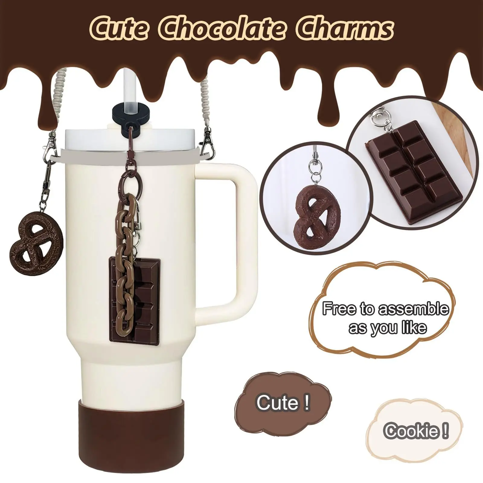 Hot Selling New Coffee Cup Holder Sleeve Chocolate Keychain Pendant Cookie Straw Lid Silicone Water Bottle Hand Strap