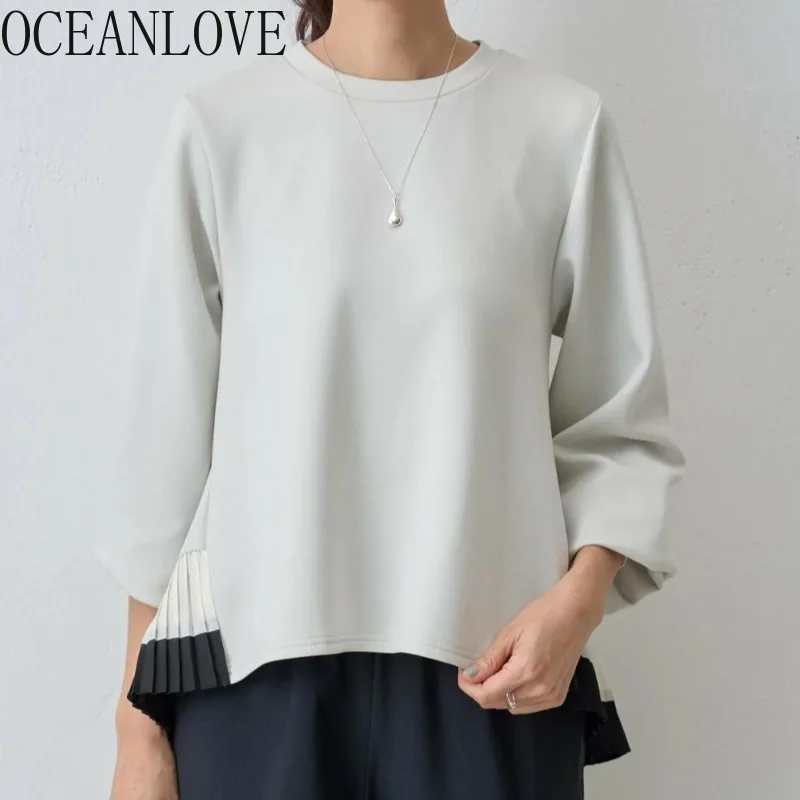 

OCEANLOVE Irregular Hoodies Women Tops Pleated Japanese Style Loose Retro Sweatshirts Fashion Contrast Color Casual Outwears