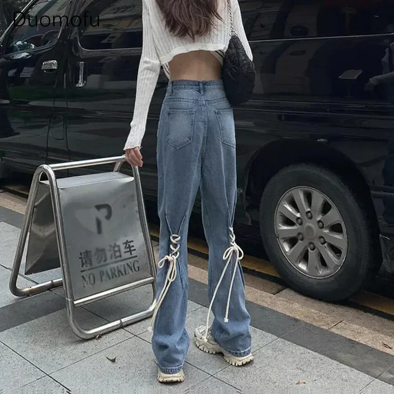 Duomofu Y2K Flare Jeans Women Streetwear Bandage Wide Leg Denim Pants Harajuku Korean High Waist Lace Up Loose Casual Trousers