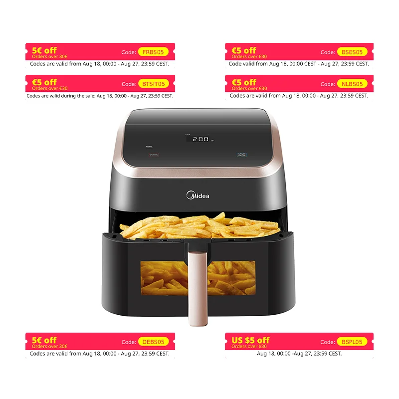 Midea-freidora de aire XXL de 9 L, 8 en 1, cámaras Extra anchas, máximo 200 °C, freidora sin aceite, asar, hornear, asar, MAD85F9BPK