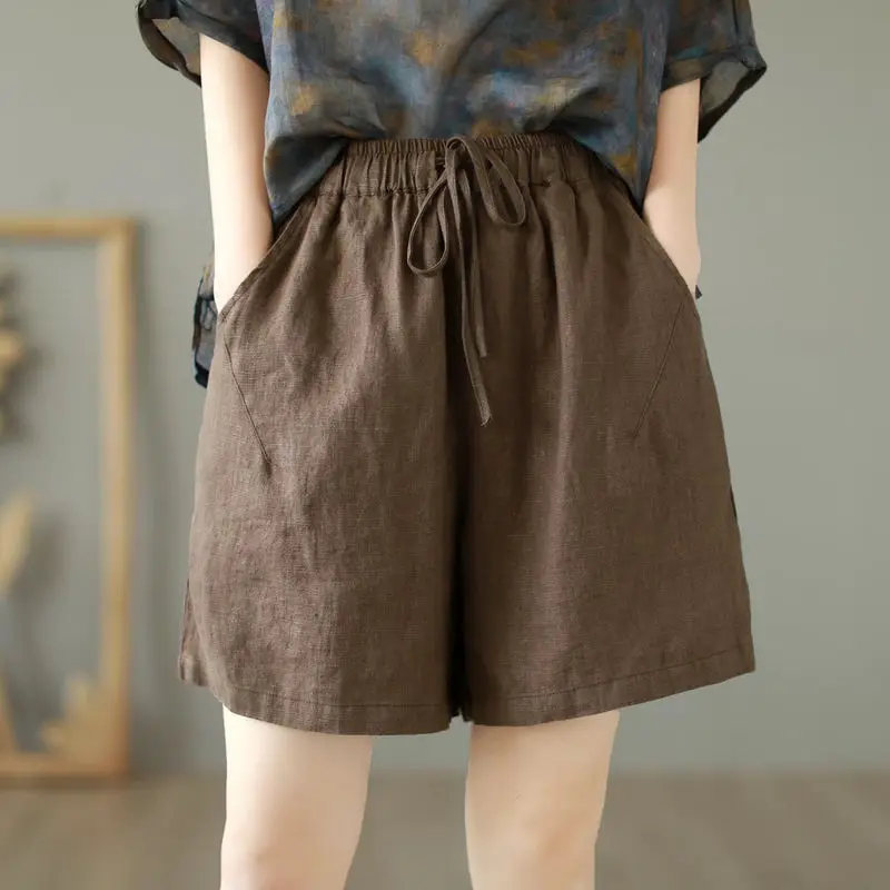 

Элегантные винтажные простые однотонные короткие брюки для женщин с эластичной резинкой на талии и свободным крой, универсальный стиль