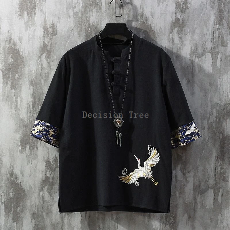 2024 summer men short sleeved cotton linen shirt retro chinese style crane embroidery fashionable top thin loose versatile shirt