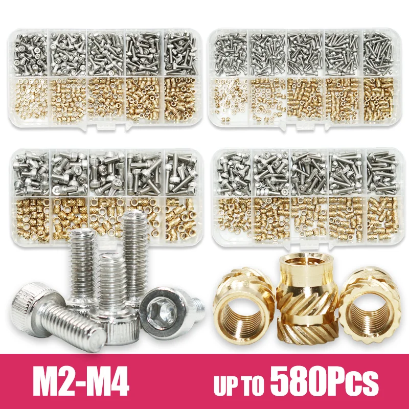 

Brass Heat Insert Nut and Hexagon Hex Socket Cap Head Screw M2 M2.5 M3 M4 Stainless Steel Allen Bolt Copper Nut for Plastic Case