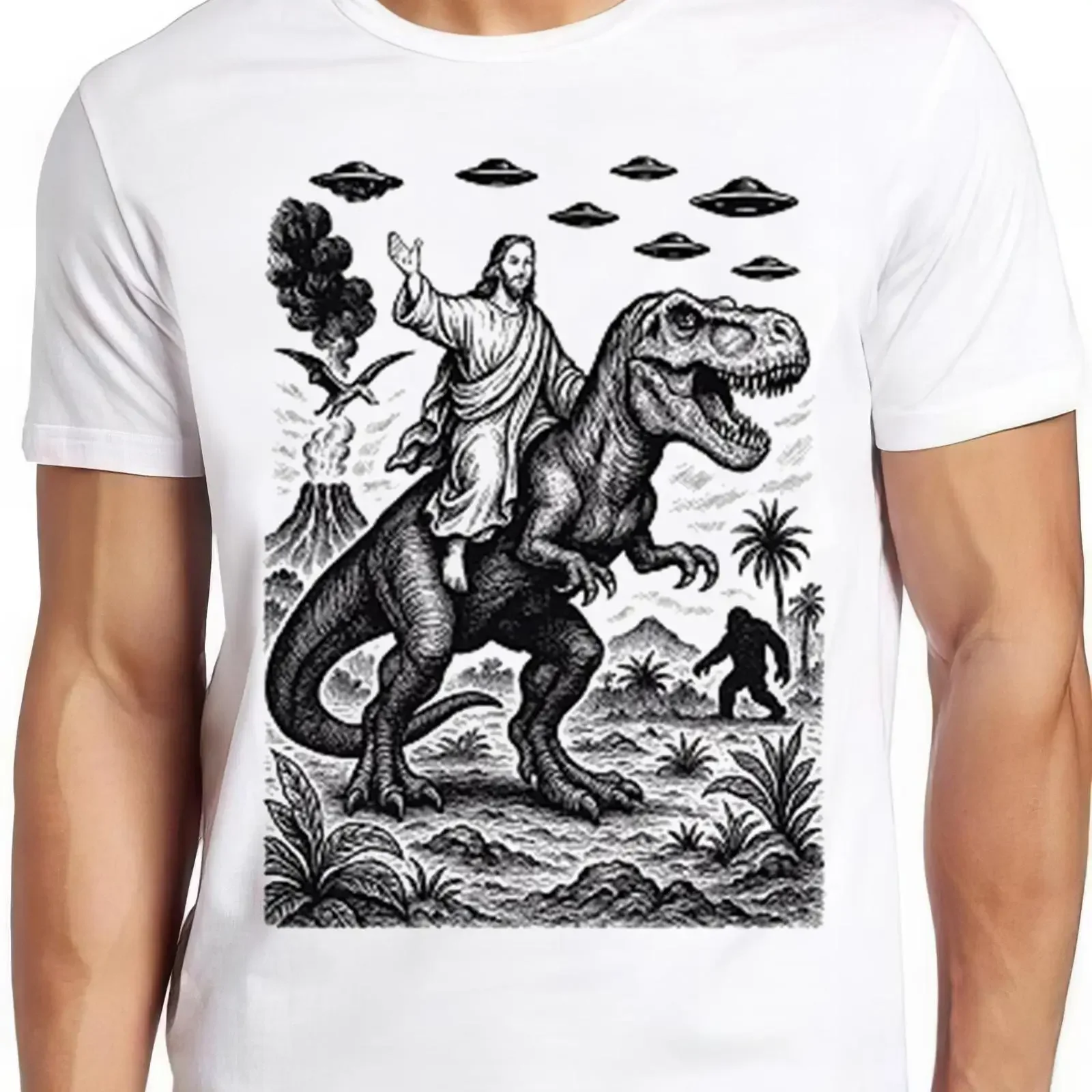 Jesus Riding Dinosaur UFO Bigfoot Volcano Sketch Weird Humorous Hilarious Witty Funny Music T Shirt 2611 vintage Washed fashion