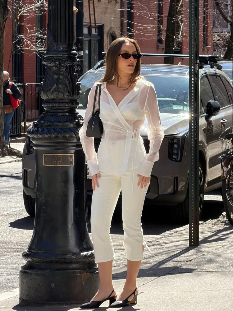 

Женская белая прозрачная блузка с V-образным вырезом и завязками на талии, сексуальная элегантная сетчатая блузка с длинным рукавом, новинка 2026 года, минималистичная рубашка Y2K для повседневной носки