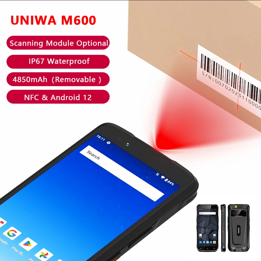 UNIWA M600 4G Ultra thin Industrial Handheld Android PDA 6 Inch 4GB+64GB Removable 4850mAh Battery 2D Scanning Smartphone NFC