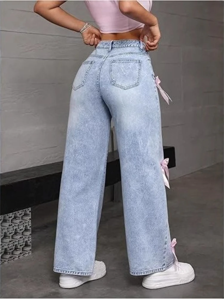 Y2k Pantaloni a gamba larga Jeans a vita alta lavati con fiocco da donna 2025 Streetwear Denims Pantaloni vintage dritti alla caviglia effetto consumato