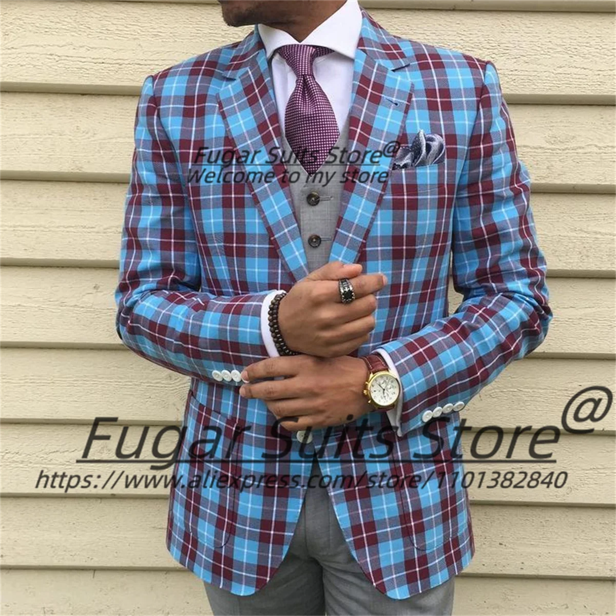 

Casual Plaid Party Men Suits Customized Slim Fit Notched Lapel Groom Wedding Tuxedos 3 Pcs Sets Male Formal Blazers Ropa Hombre