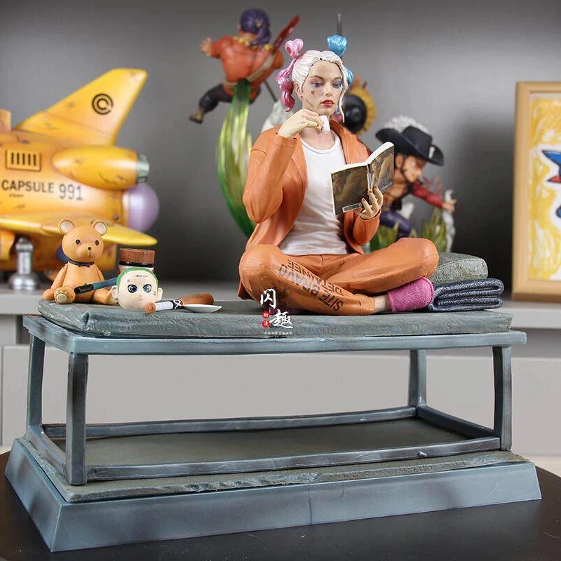 DC Suicide Squad Harley Quinn Sitting Pose Prison Uniform Action Figure Desktop Model Decor For Comic Fans Home Office Display view 3