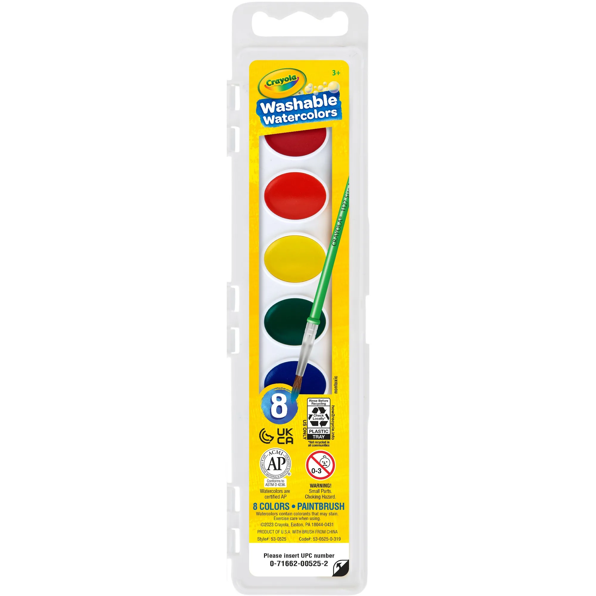 8ct Kids Watercolor Paints with Brush, Washable Tempera, School Supplies for Kids, Art Classroom Essentials, Gift, Ages 3+