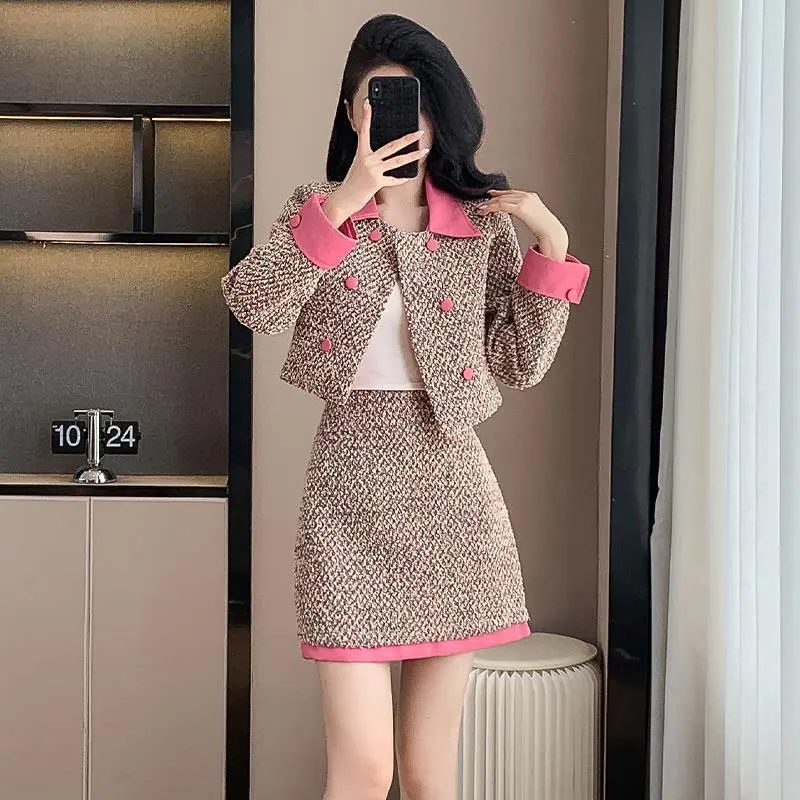 Pink women's coarse tweed 2-pcs set lapel contrasting coat+skirt 2024 new autumn/winter small fragrance style set