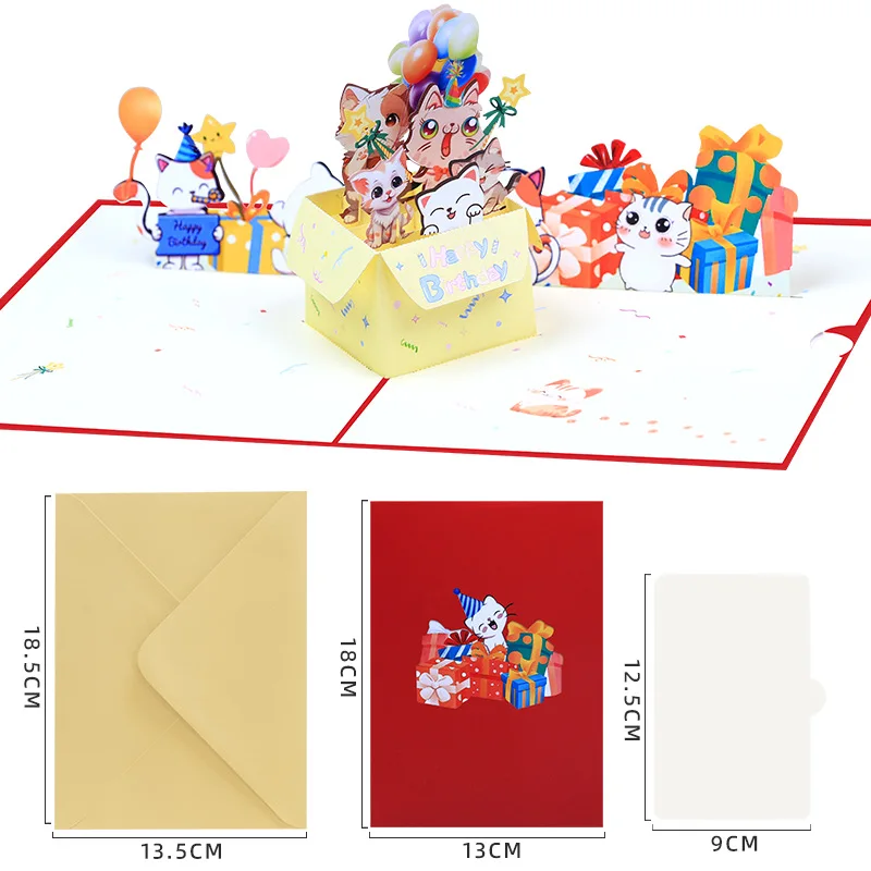 

10pcs Handmade Balloon Cat Box 3D Pop UP Greeting Invitation Card For Valentine's Day Christmas Wedding Birthday Party Gift