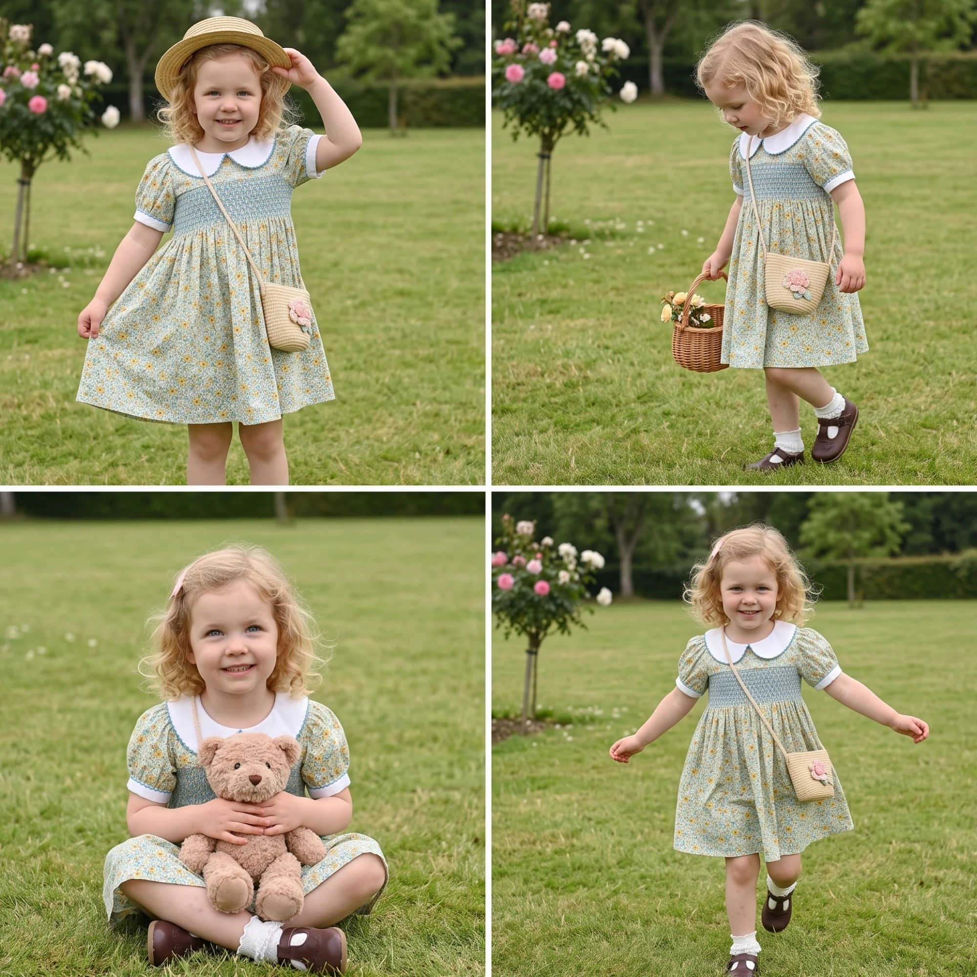 1-7 Years Girls Smocked Dress Kids Daily Short Sleeve Summer Clothes with Peter Pan Collar Baby Toddler Floral Print Dress