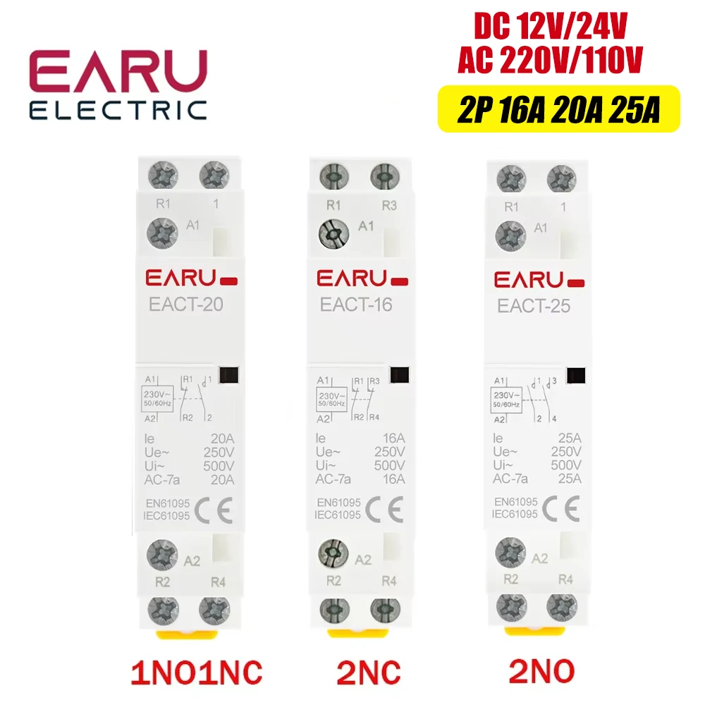 2P AC 220V 230V 16A/20A/25A/ 1NO/1NC 2NO/2NC 50/60Hz Din Rail Mounted Household Modular AC Contactor for Smart Home House Hotel