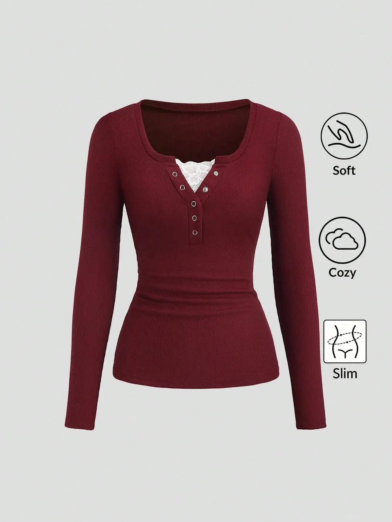 Top Henley de Manga Larga Acanalado para Mujer con Inserto de Encaje, Suave, Cómodo y Ajustado para Otoño