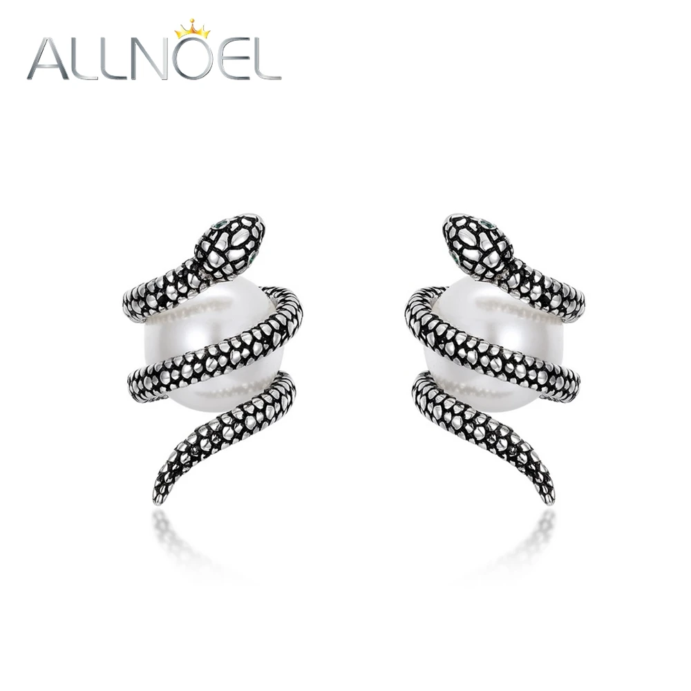 ALLNOEL 925 Sterling Silver Stud Earrings For Women Round 9mm Shell Pearl Snake Shape Animal Original Unique Party Jewelry Gifts