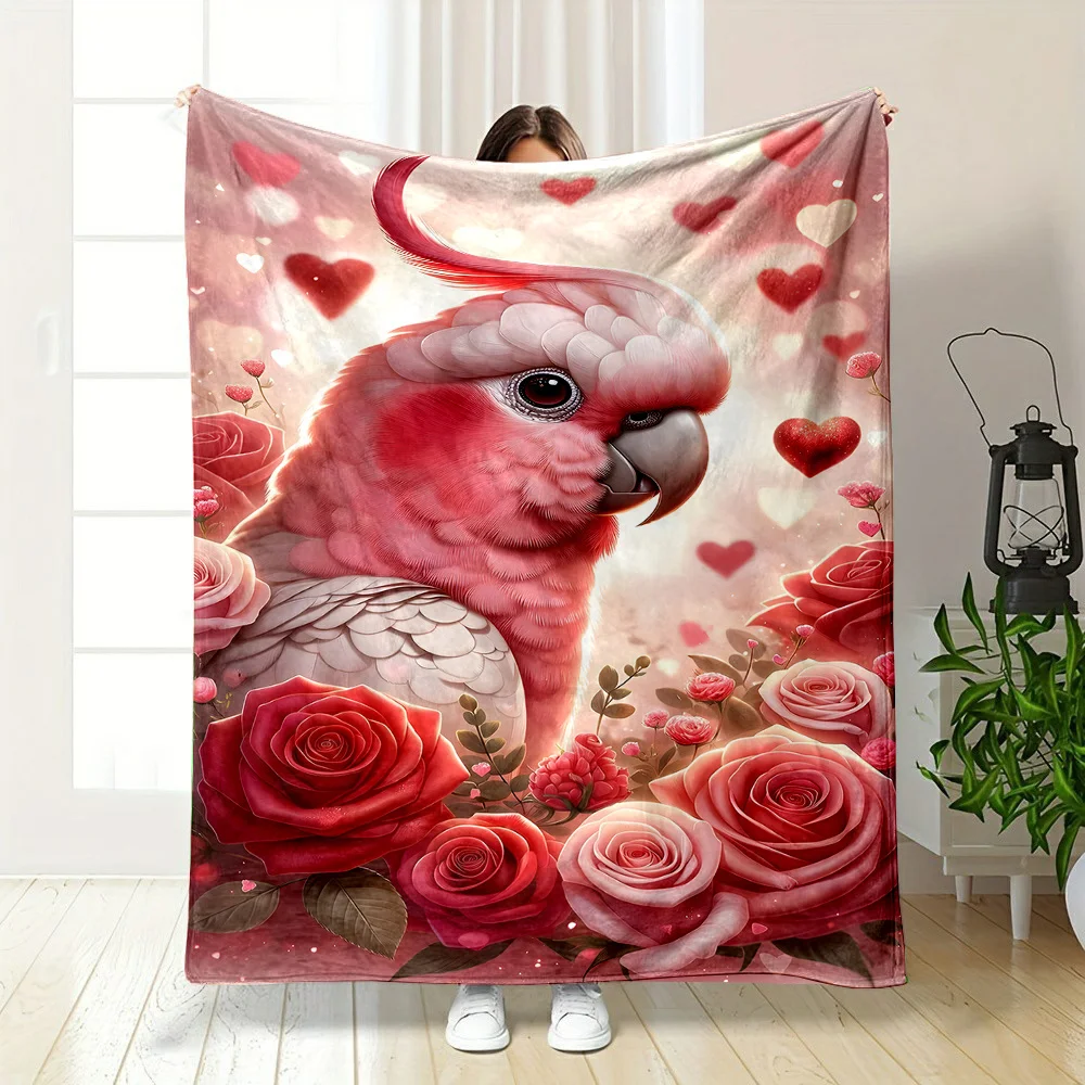 1pc Cozy Reversible Polyester Flannel Throw Blanket with Cute Pink Parrot and Vibrant Roses Print, Contemporary Style, All-Seaso