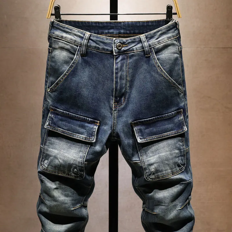 Y2k pantalones vaqueros nuevos italianos con bolsillos grandes, elásticos nostálgicos, corte ajustado, vaqueros azules pintados, pantalones de retales de calle alta, hombre