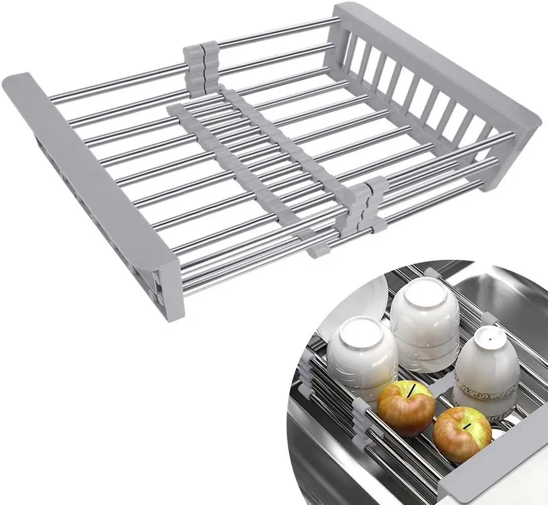 

Expandable Sink Dish Rack, Stainless Steel Drainer with Adjustable Arms - Grey