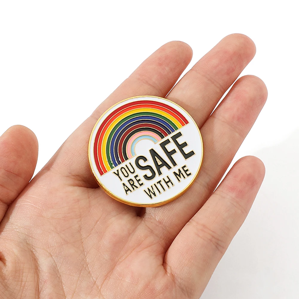You Are Safe With Me Rainbow Enamel Pin, Inspirational Text Lapel Brooch Badge, Positive Affirmation Jewelry Gift for Backpack