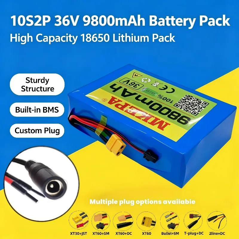 36V 10S2P 9800mAh Large Capacity 18650 Lithium Battery Pack Lpega, Epoxy Board, Customizable with Different Plugs