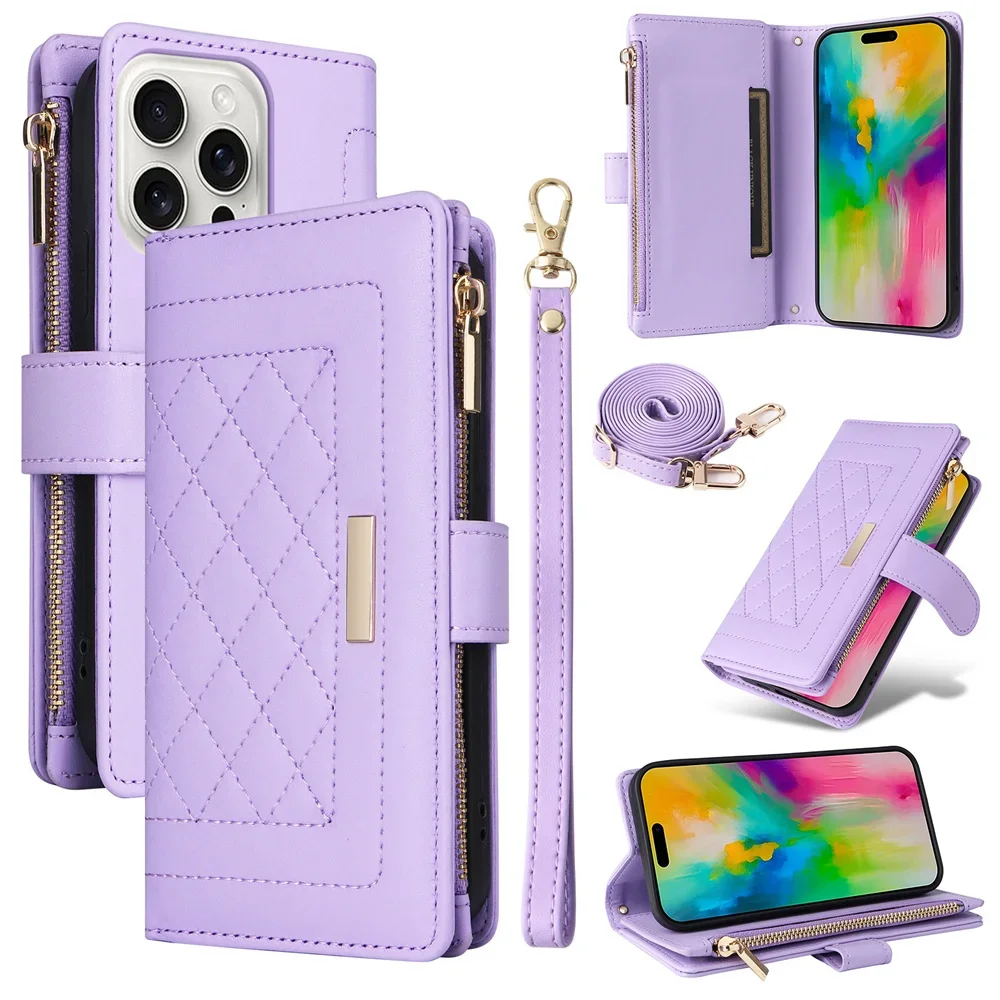 Wrist Strap Zipper Wallet with Card Holder Phone Case for IPhone 16 15 Plus 14 13 12 11 7 8 Pro Max XS X Crossbody Leather Cover