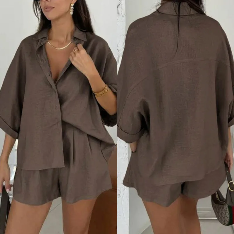 

Women's Summer Solid Color Casual Short-Sleeve Two Piece Set Fashion Notch Lapel Single Breasted Shirt Loose Straight Leg Shorts