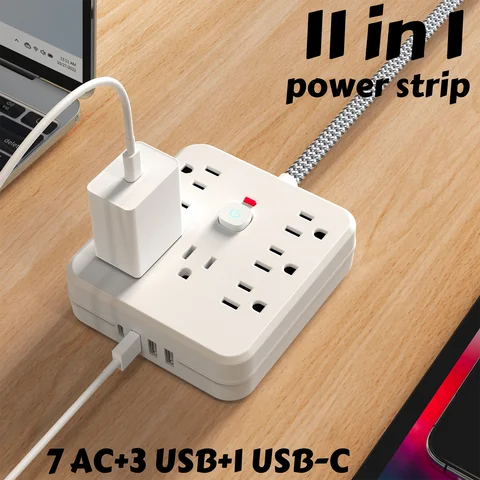 11-in-1 Power Strip with 7 AC Sockets, 3 USB Ports and 1 Type-C Connection | Surge Protector & Multi-Plug Extender, USB Wall