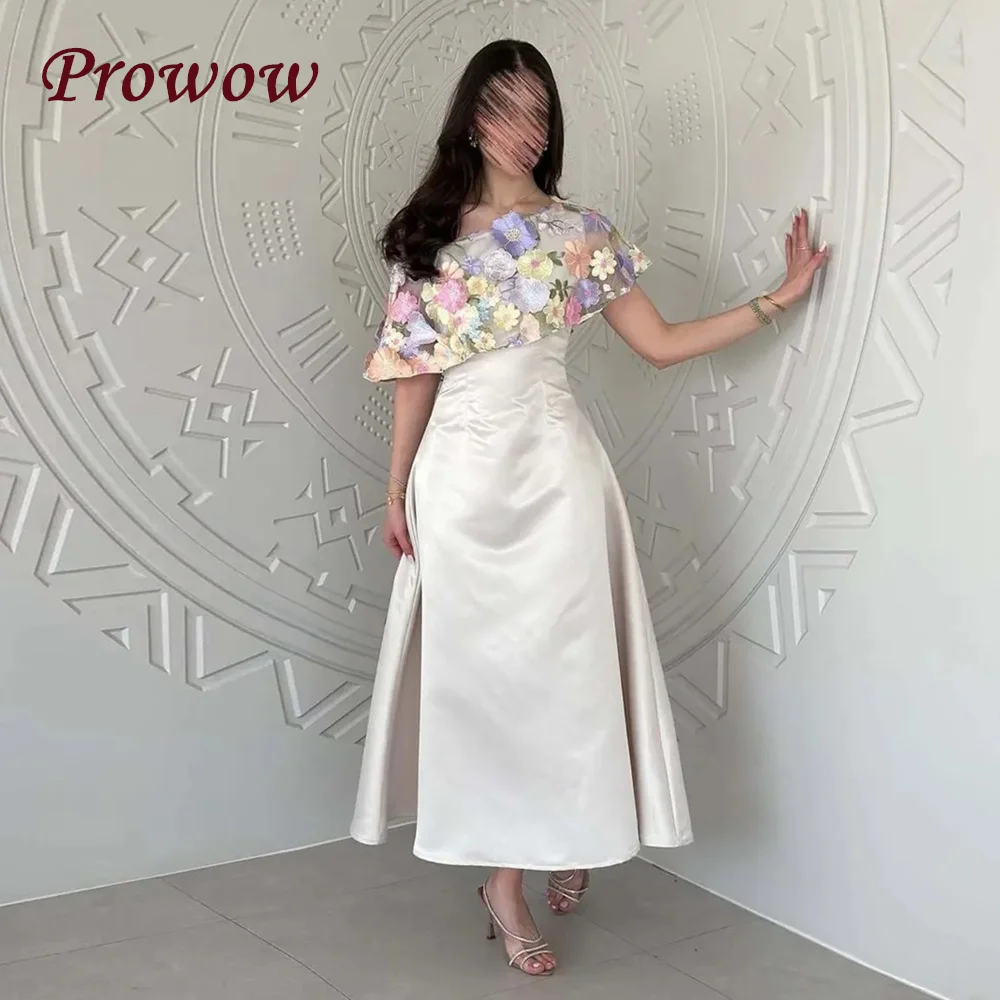 

Prowow Modest One Shoulder Floral Prom Dresses Short Sleeves A-Line Evening Gowns Customized Arabic Formal Occasion Party Dress