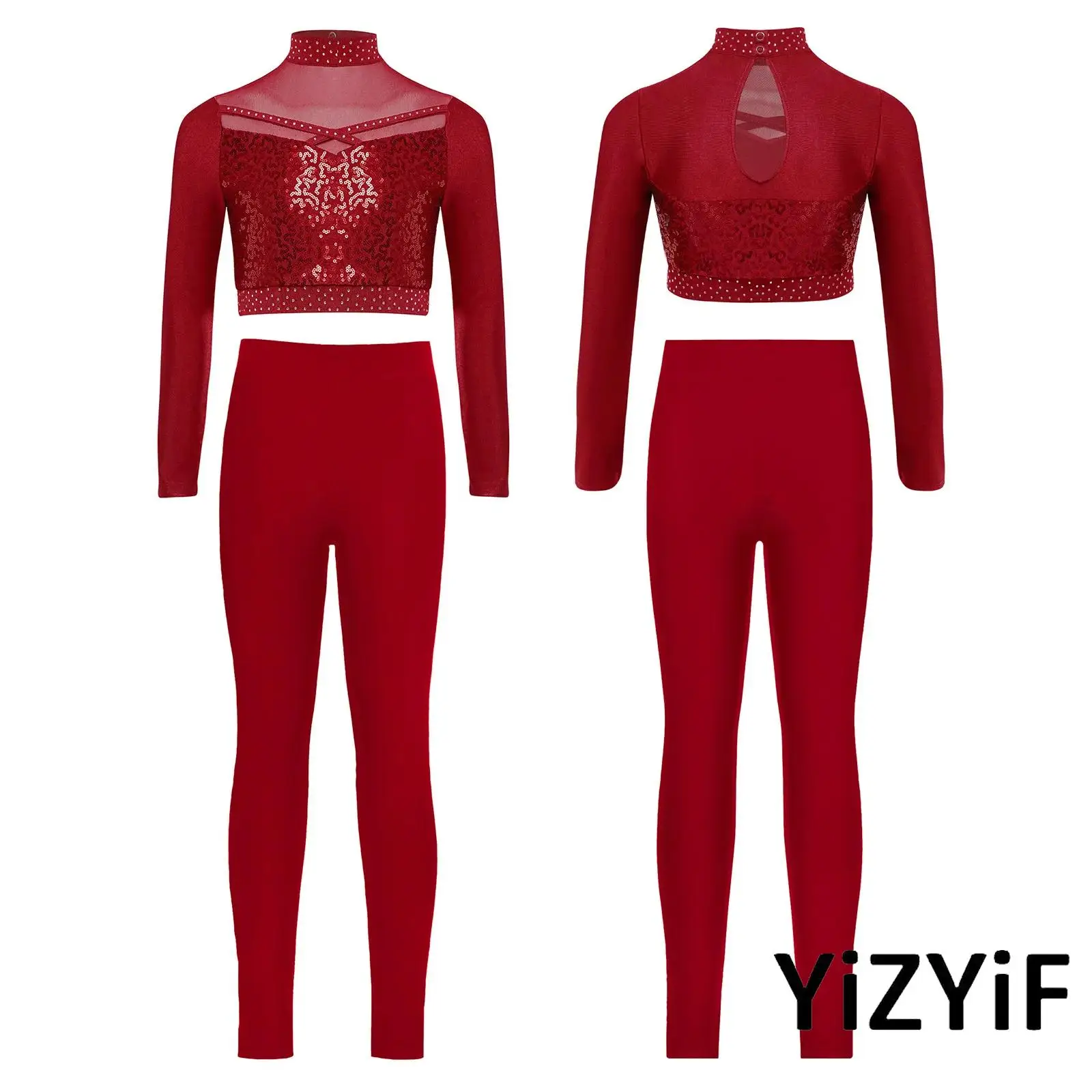 

Kids Girls Figure Ice Skating Dance Wear Set Mock Neck Shiny Sequins Mesh Patchwork Crop Top with Leggings for Jazz Performance