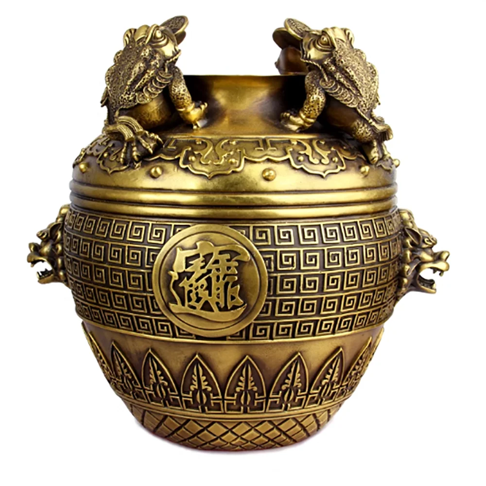 Bronze antique square wealth gathering basin, golden toad jar, home decoration and ornaments