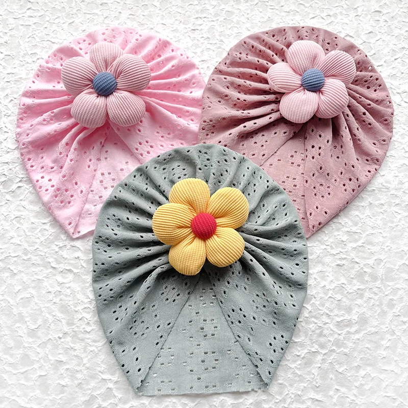 Lovely Flower Baby Hat Elastic Newborn Indian Cap Hollow Breathable Turban Baby Girls Hats Beanies Kids Infant Hair Accessories