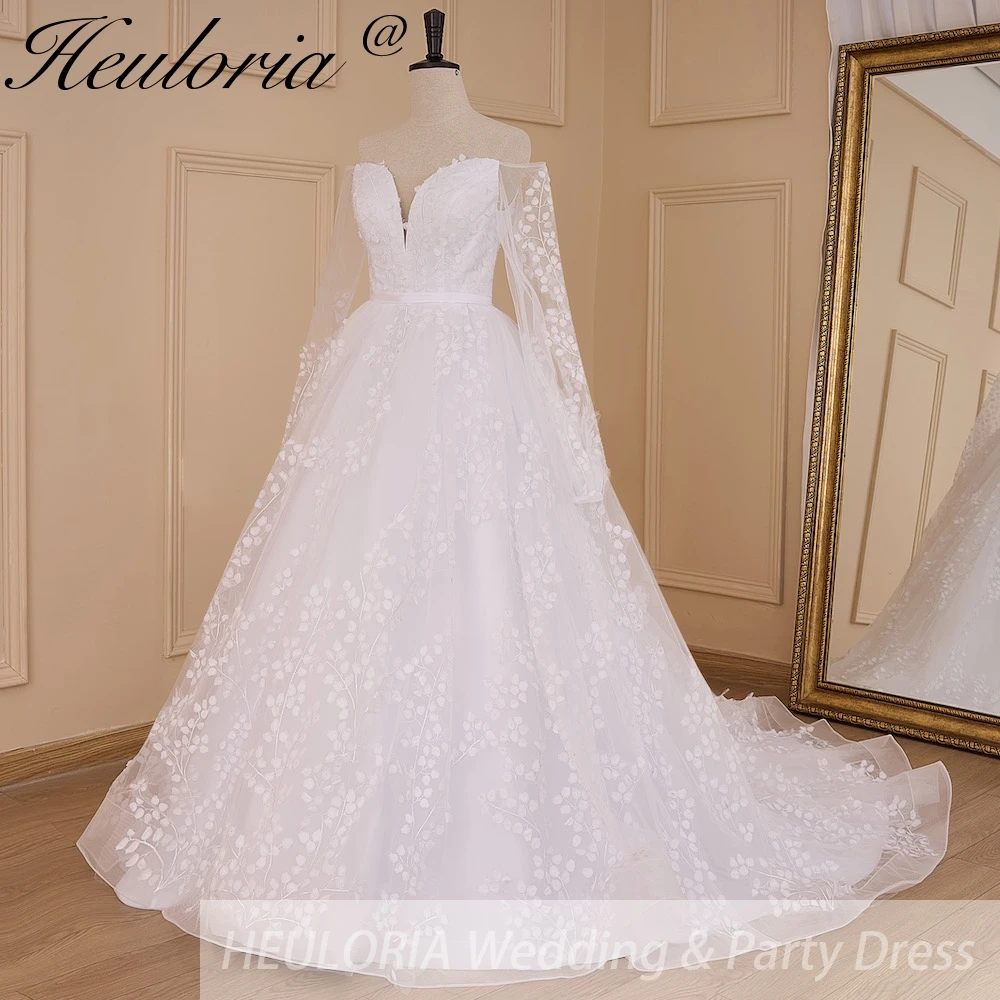 HEULORIA Abito da sposa principessa manica lunga con spalle scoperte Abito da sposa in pizzo 3d plus size abito da sposa abito da sposa