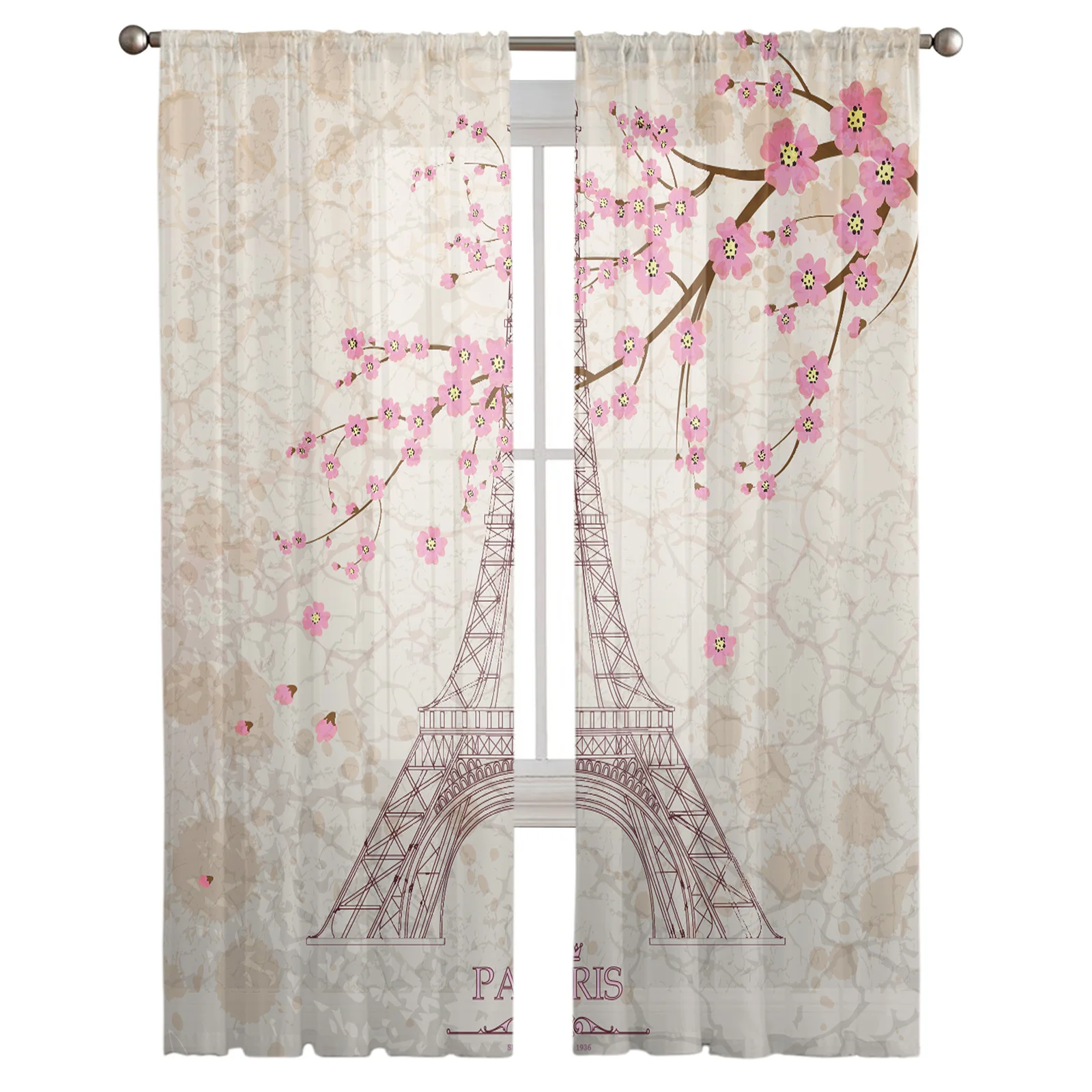 Line Texture Paris Iron Tower Cherry Blossom Branch Flower Living Room Kitchen Chiffon Curtain Youth Bedroom Sheer Floor Curtain