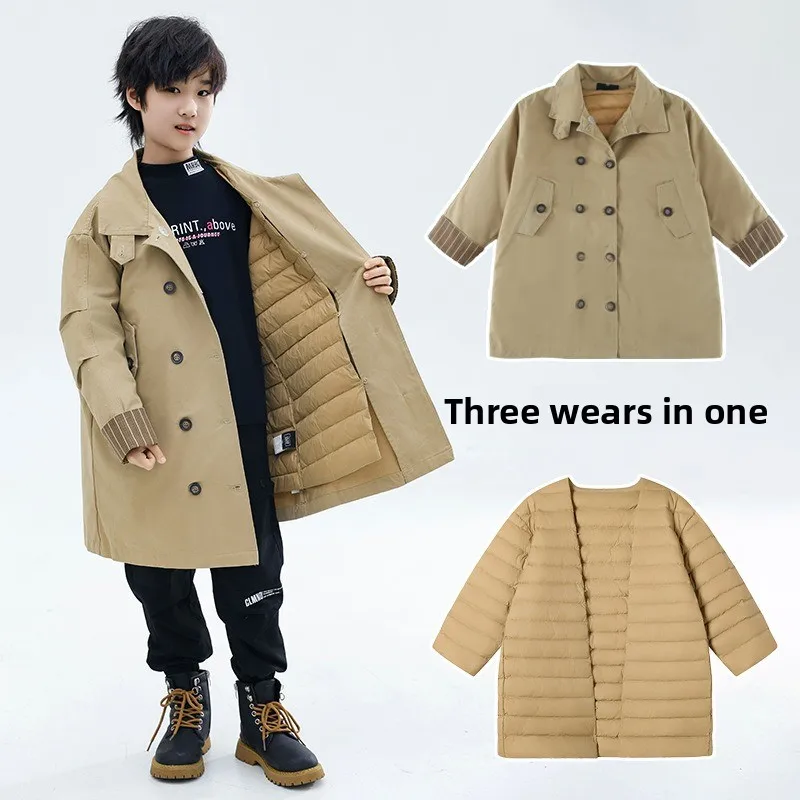 

Boys New Three-in-one Long Down Cotton-padded Jacket for Boys Thickened Warm Cotton-padded Jacket for Children Handsome Jacket